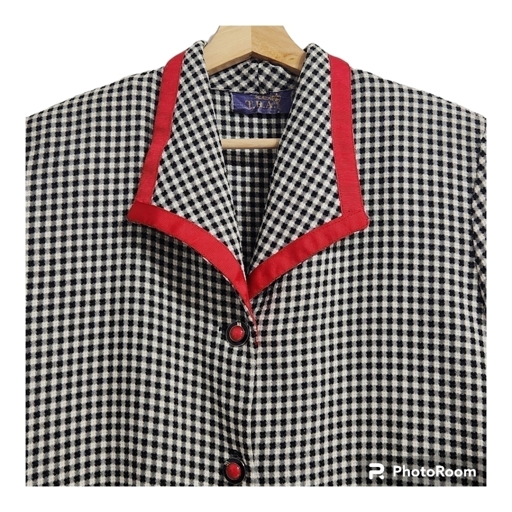 T.D.A black and white gingham button-down top/blouse with red trim and buttons. - Picture 6 of 10